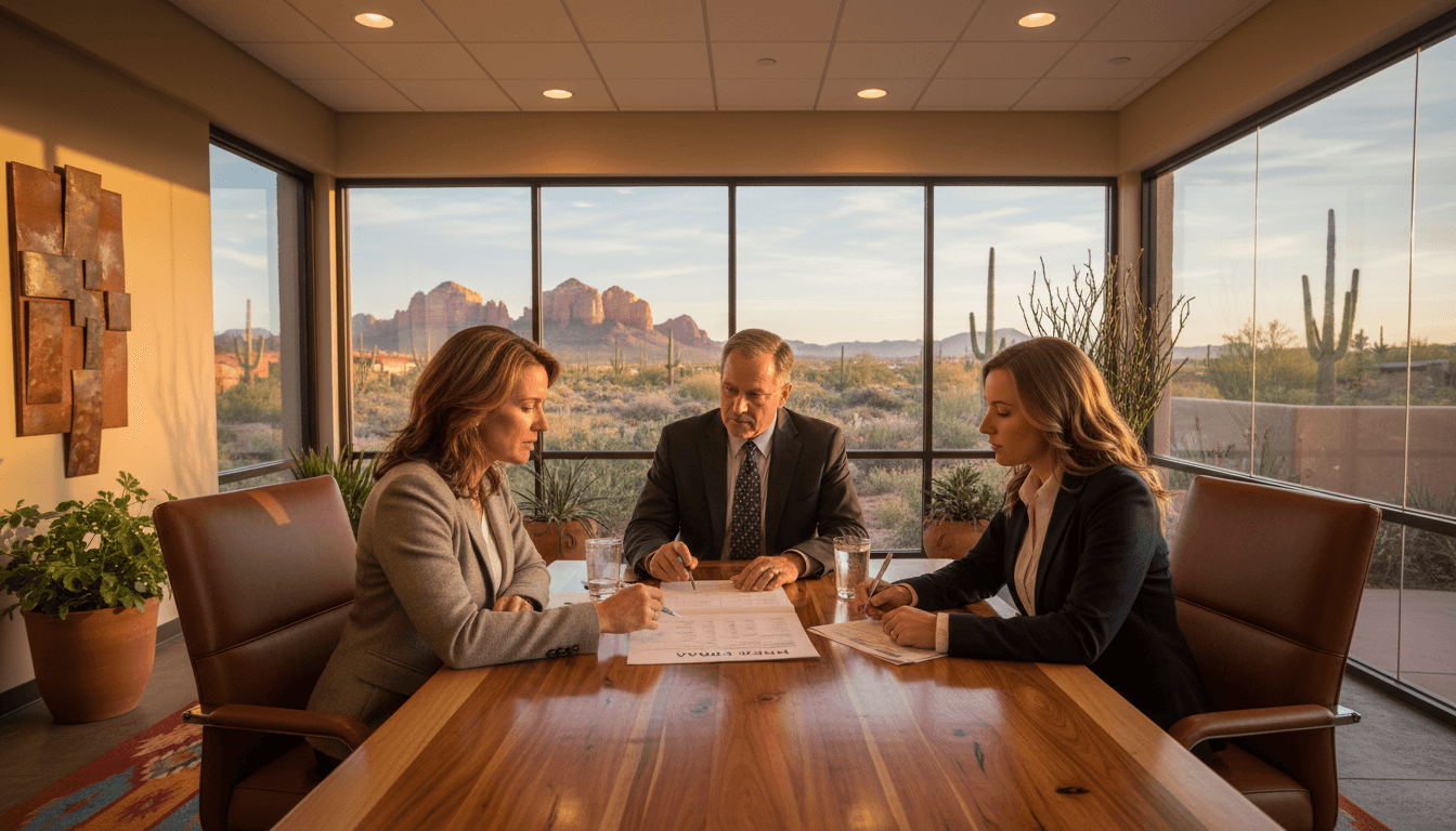 Nevada district administrator at a conference table reviewing the Nevada Report Card with school leaders in a modern office