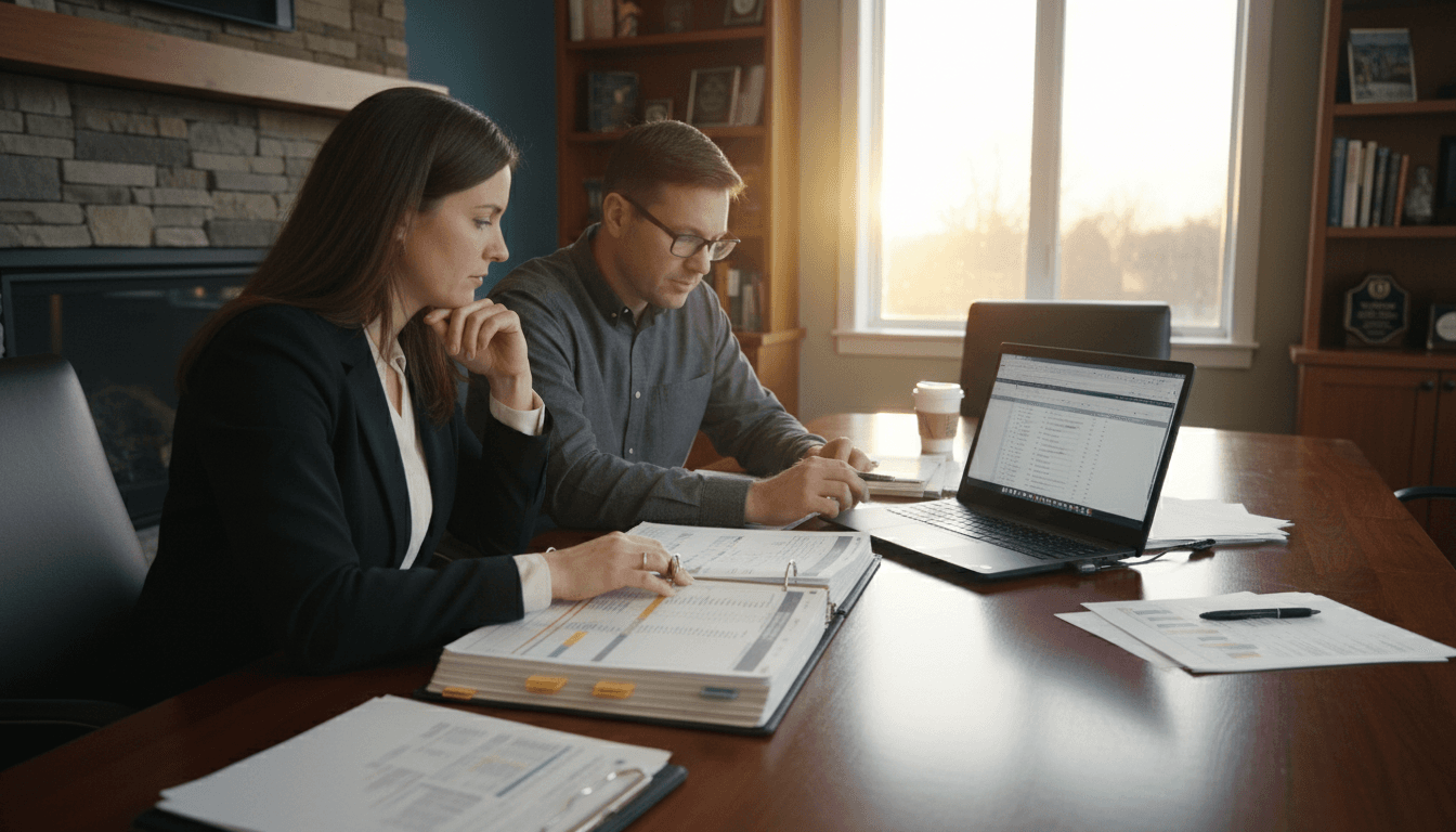 New Hampshire district CFO and superintendent reviewing budget documents in a conference room