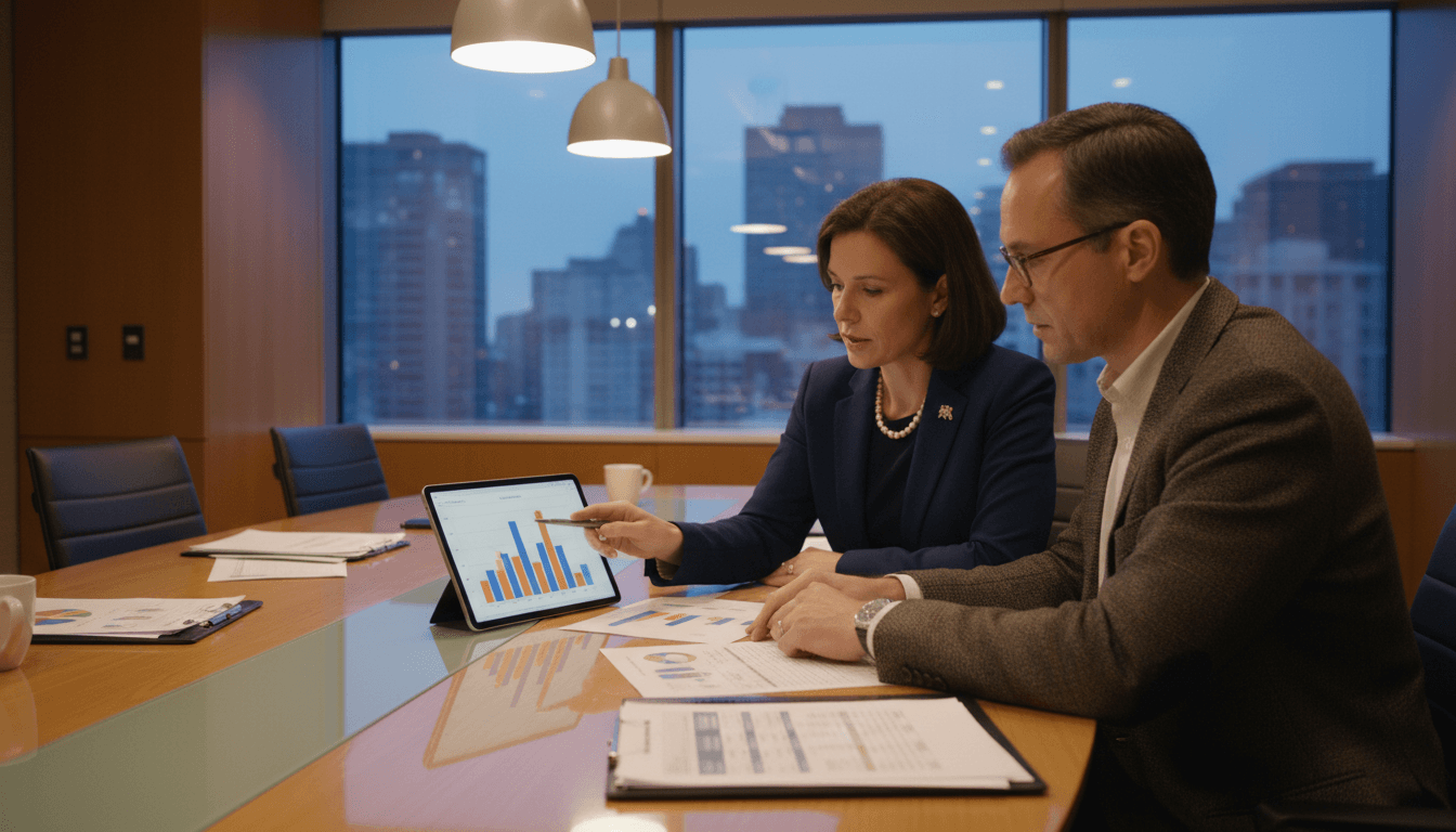 New Jersey district leaders reviewing NJSLA results around a table in a modern district office