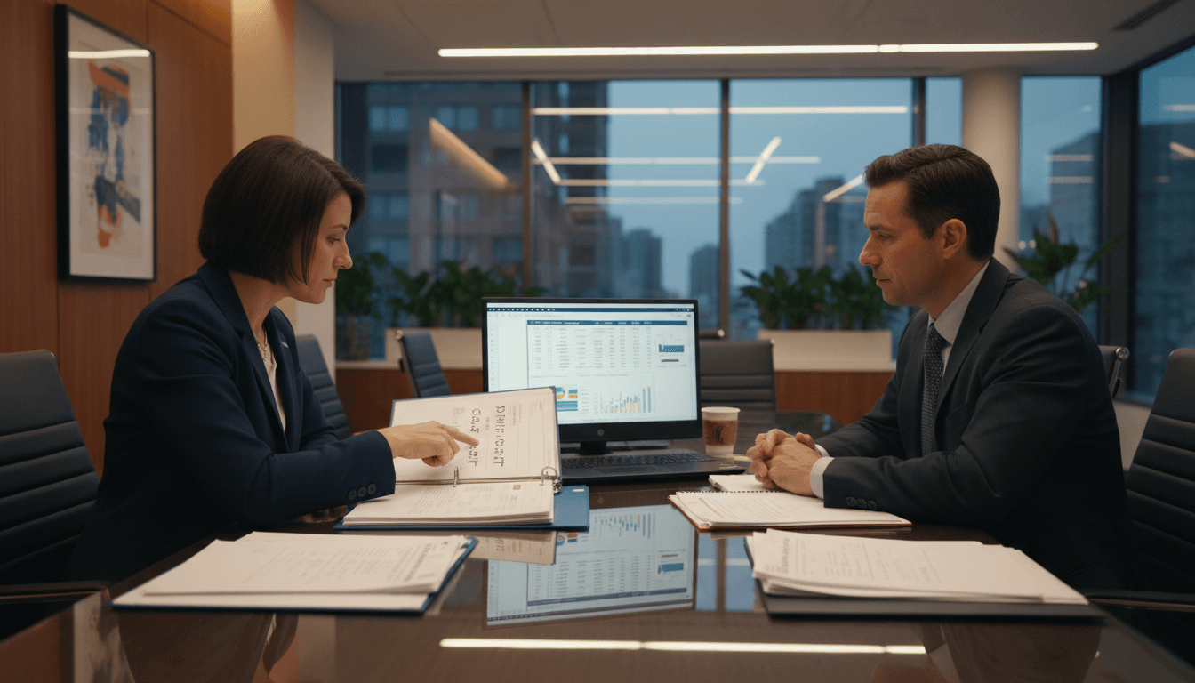 New Jersey district finance team reviewing budget documents around a conference table in a school district office