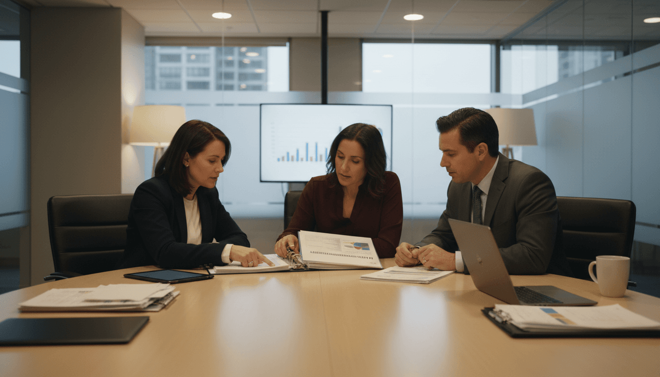 New Jersey district administrator at a conference table reviewing the NJ School Performance Report with school leaders in a modern office