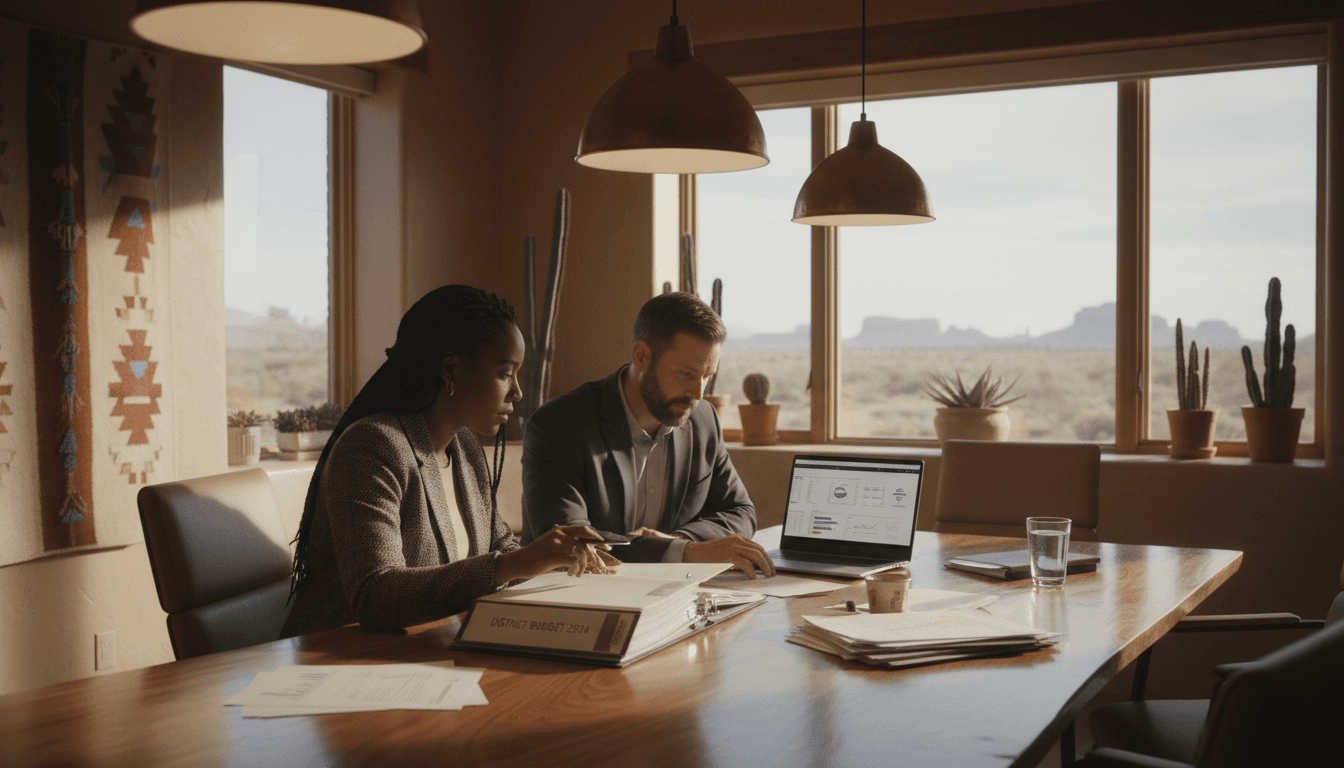 New Mexico district CFO and superintendent reviewing budget documents in a conference room
