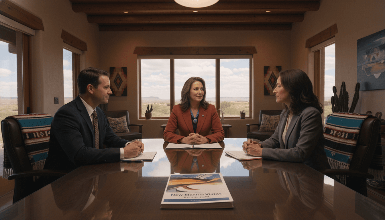 New Mexico district administrator reviewing the New Mexico Vistas with school leaders at a conference table in a modern office