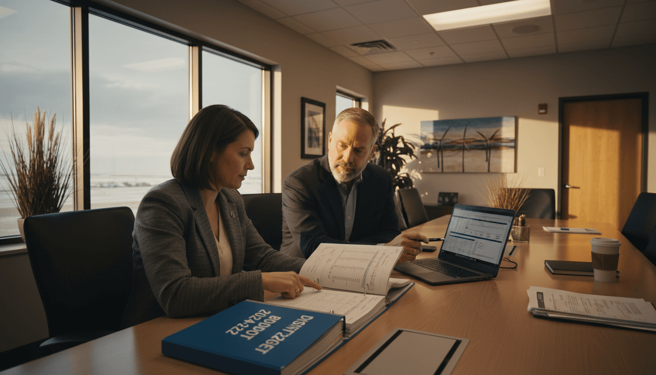 North Dakota district CFO and superintendent reviewing budget documents in a conference room