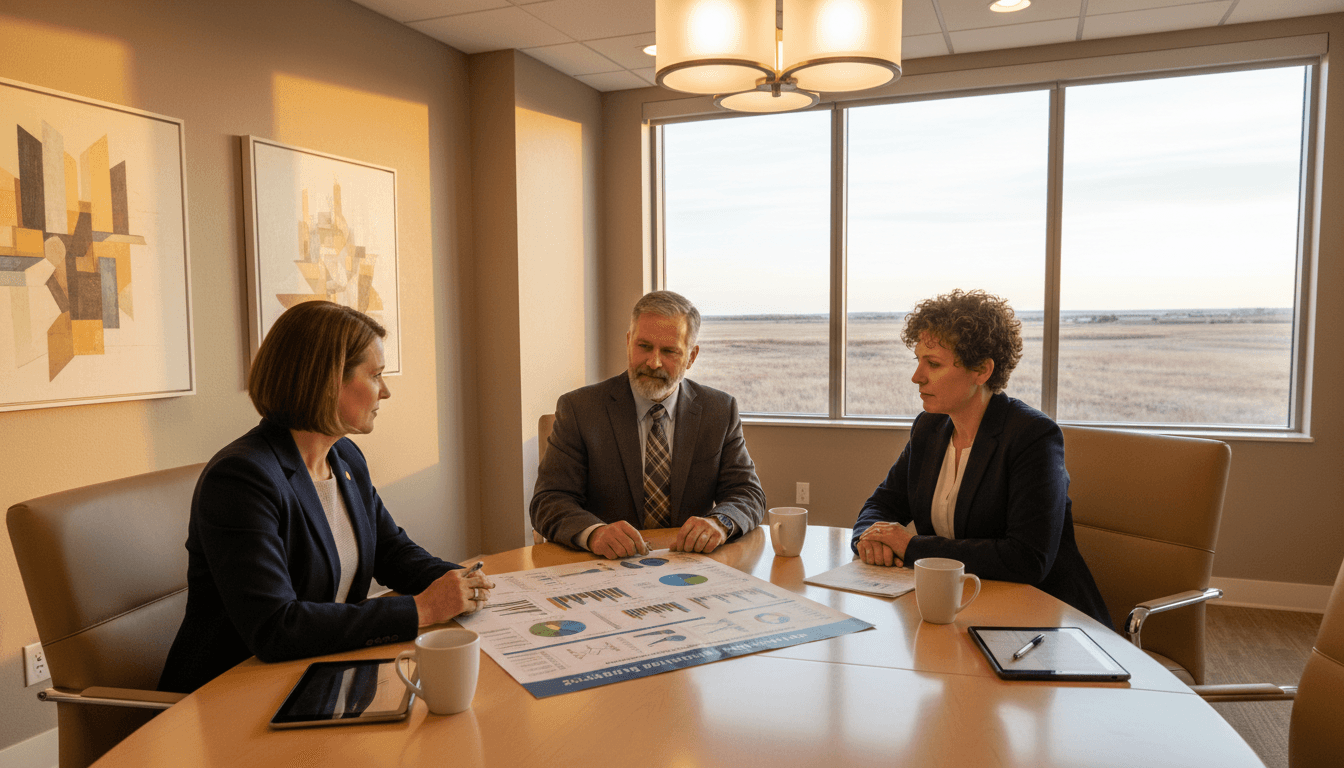 North Dakota district administrator reviewing the North Dakota Insights with school leaders at a conference table in a modern office