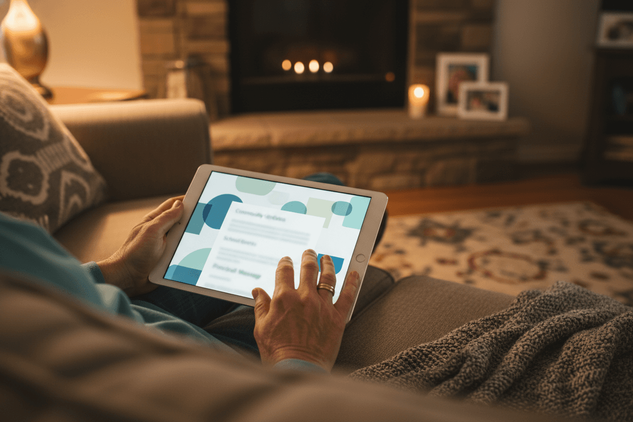 Parent reading a Ohio district assessment results newsletter on a smartphone in a kitchen