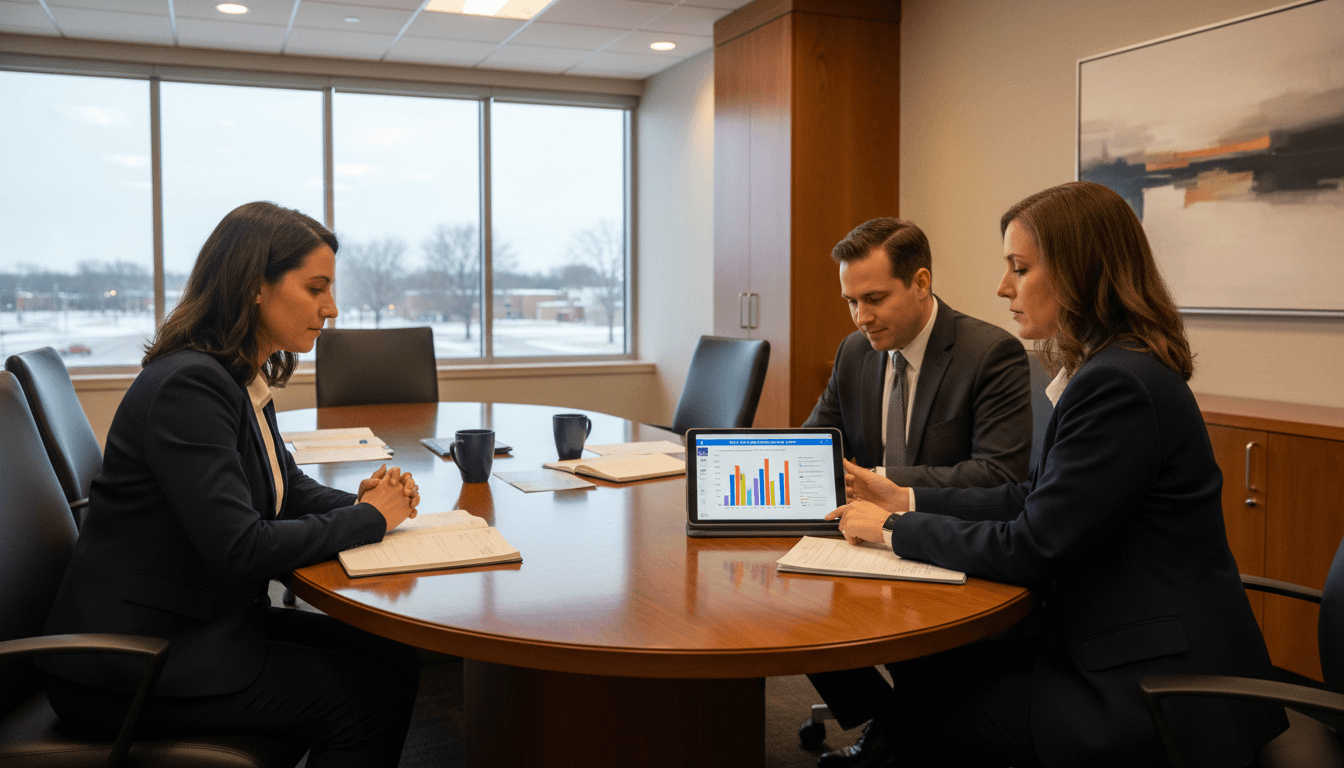 Ohio district administrator at a conference table reviewing the Ohio School Report Card with school leaders in a modern office