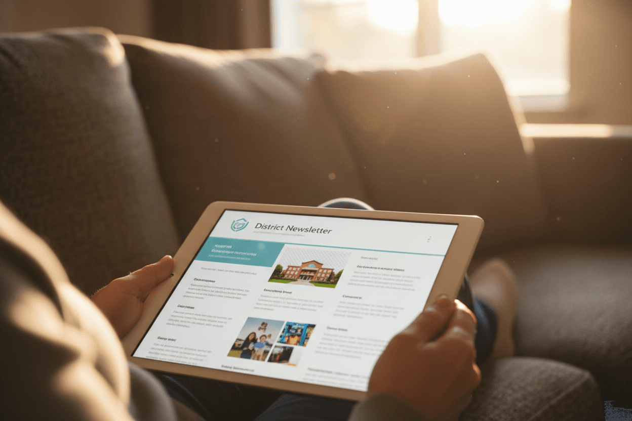 Parent reading Oklahoma OSTP results newsletter on a tablet at home
