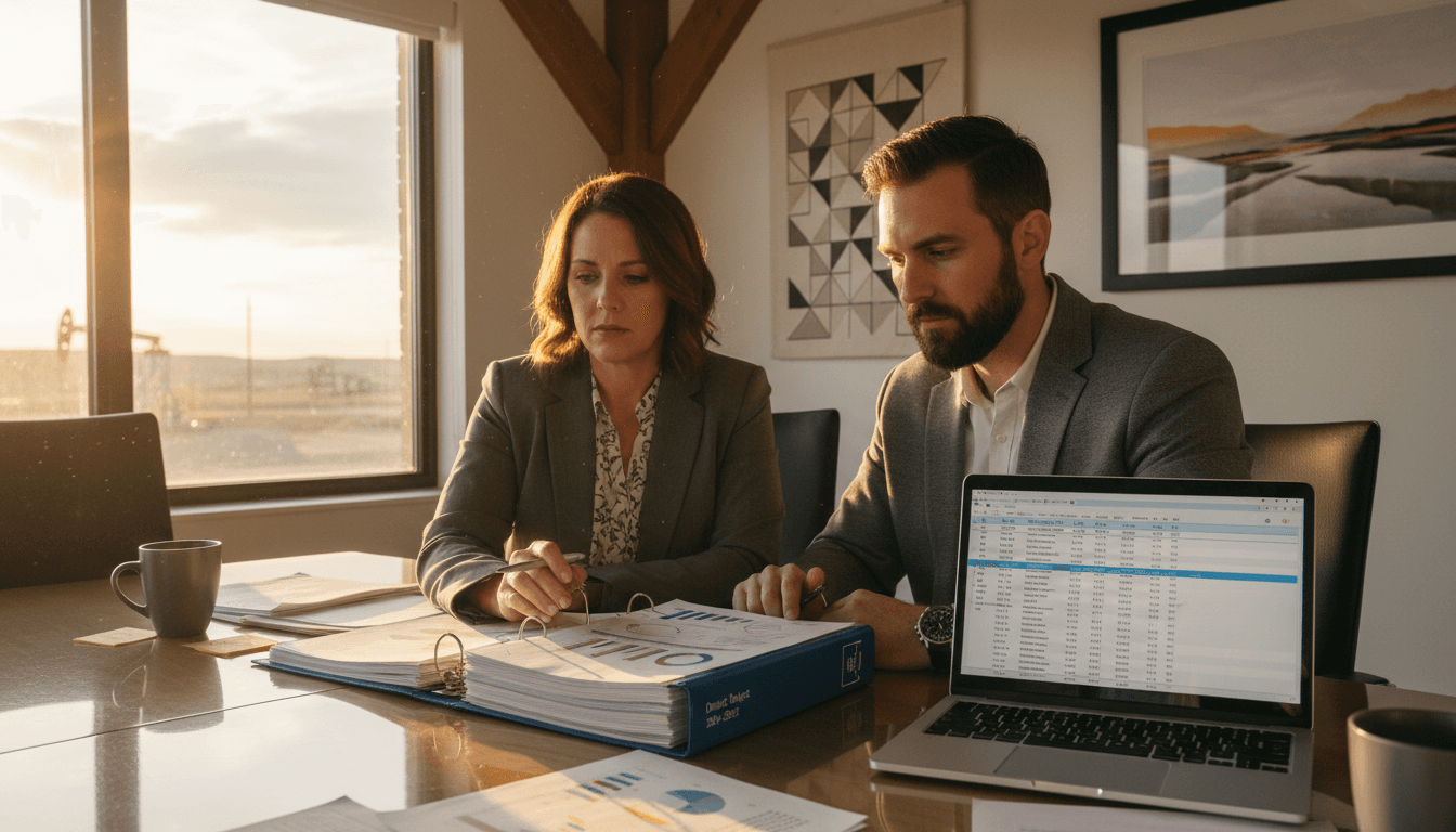 Oklahoma district CFO and superintendent reviewing budget documents in a conference room