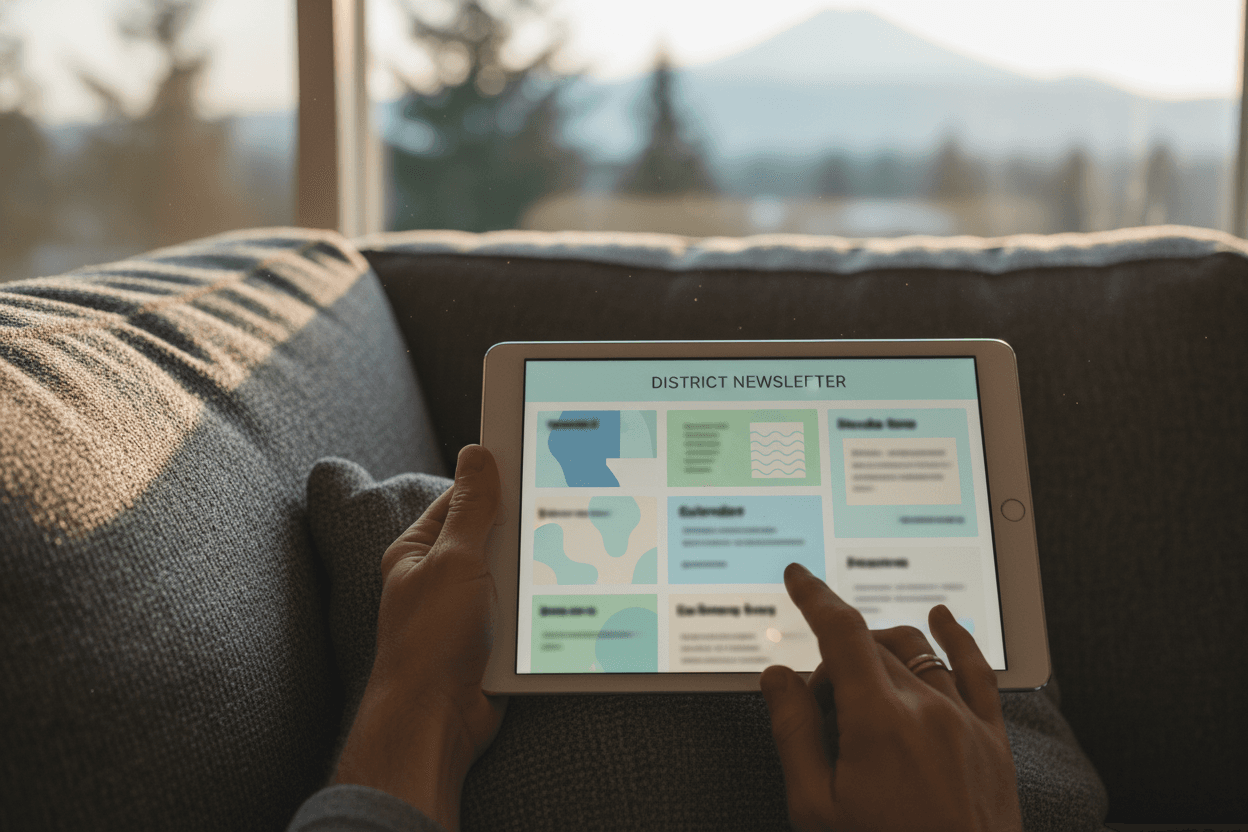 Parent reading a Oregon OSAS results newsletter on a smartphone at a kitchen table