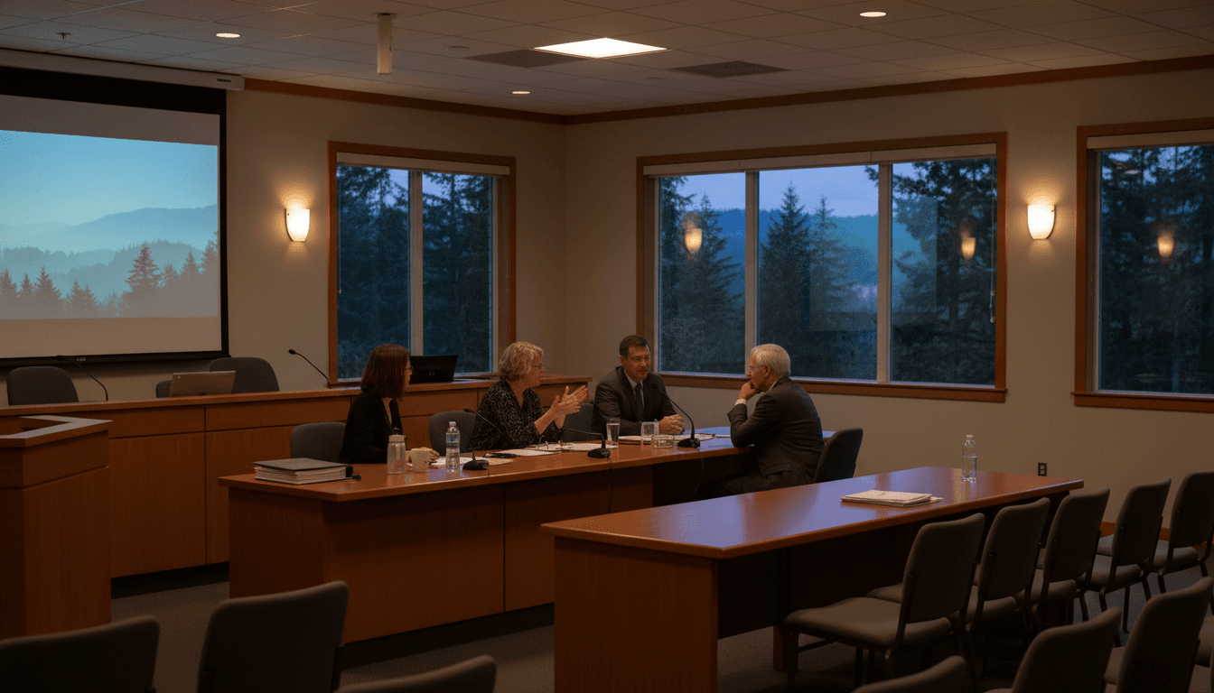 Oregon school board members at the dais during a public meeting, agenda visible on screen