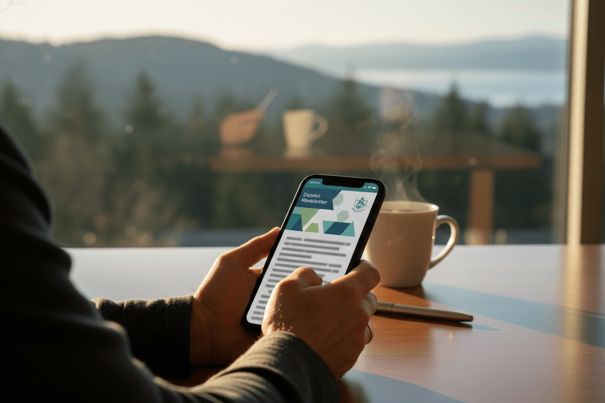 Parent reading a Oregon school funding update newsletter on a smartphone at a kitchen table