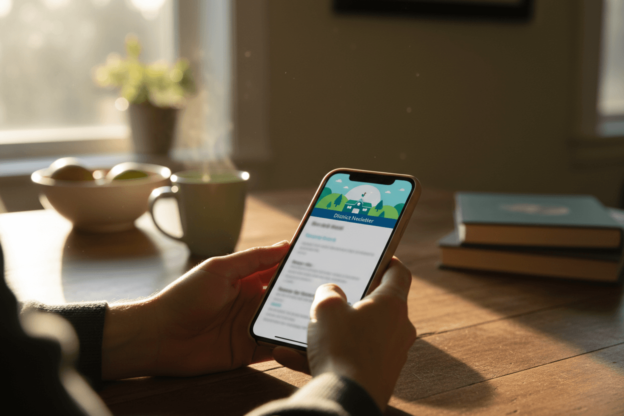 Parent reading an Oregon school district report card newsletter on a smartphone at a kitchen table