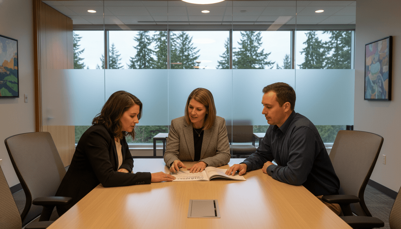 Oregon superintendent at a conference table reviewing the At-A-Glance School Profile with school leaders in a modern office