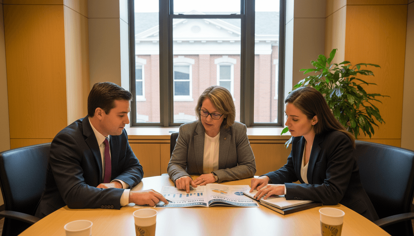 Pennsylvania district administrator at a conference table reviewing the Future Ready PA Index with school leaders in a modern office