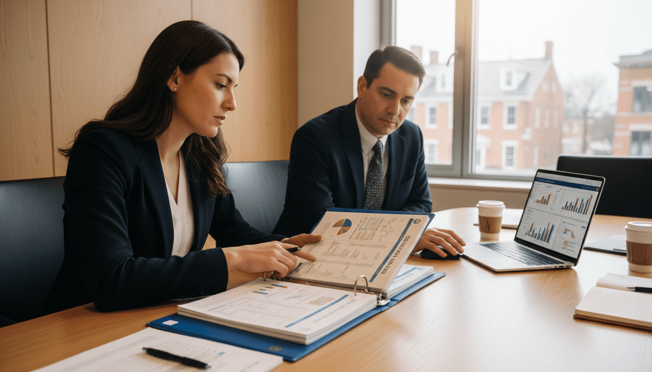 Rhode Island district CFO and superintendent reviewing budget documents in a conference room