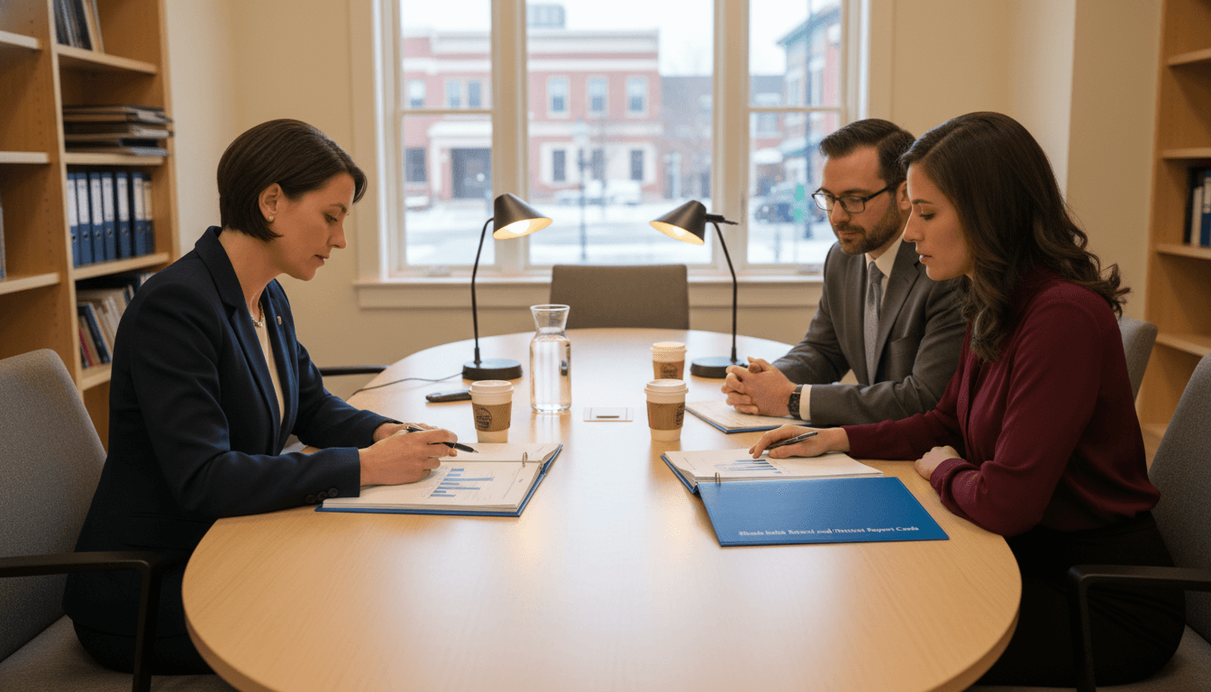 Rhode Island district administrator reviewing the Rhode Island School and District Report Cards with school leaders at a conference table in a modern office