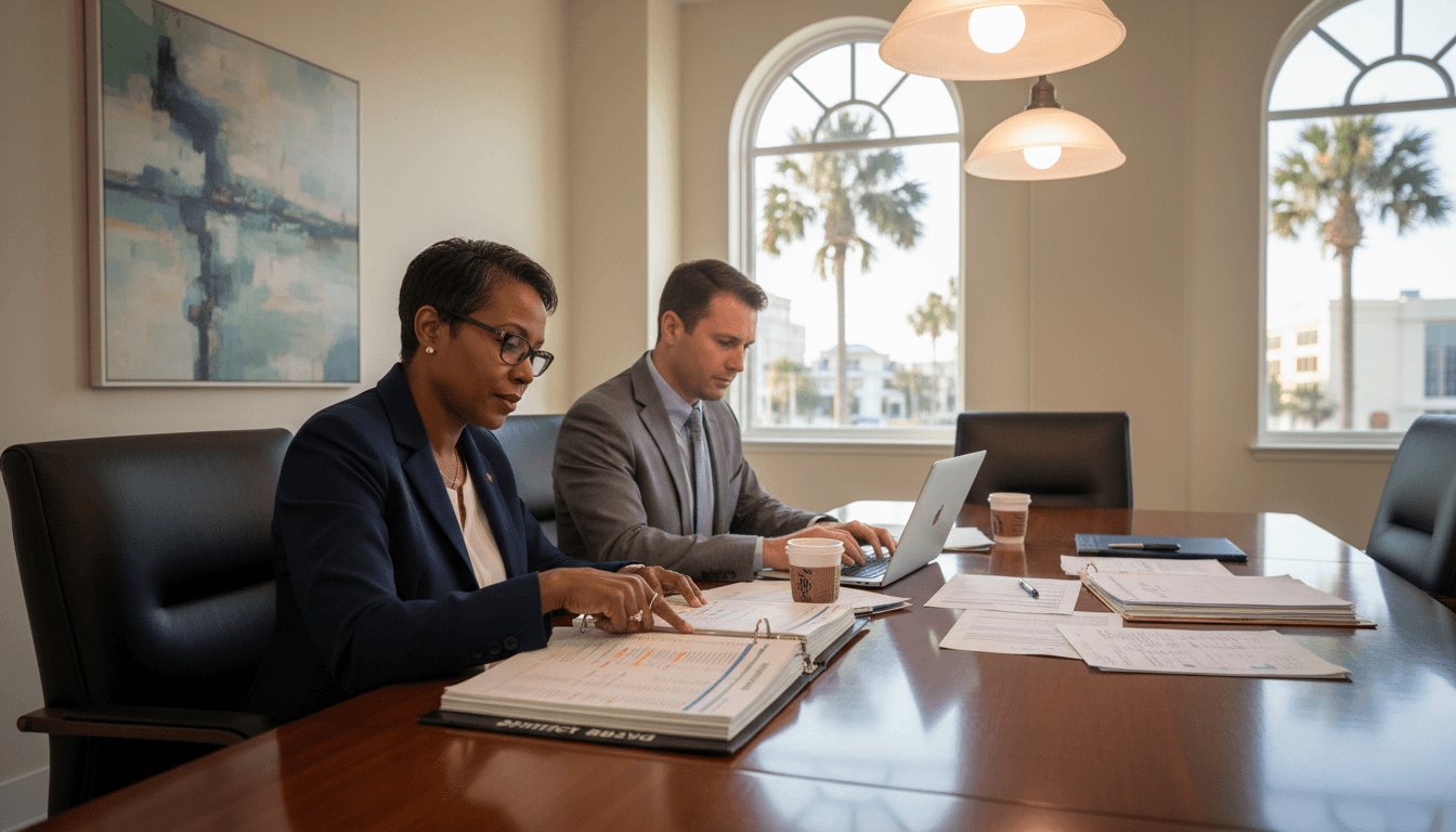 South Carolina district CFO and superintendent reviewing budget documents in a conference room