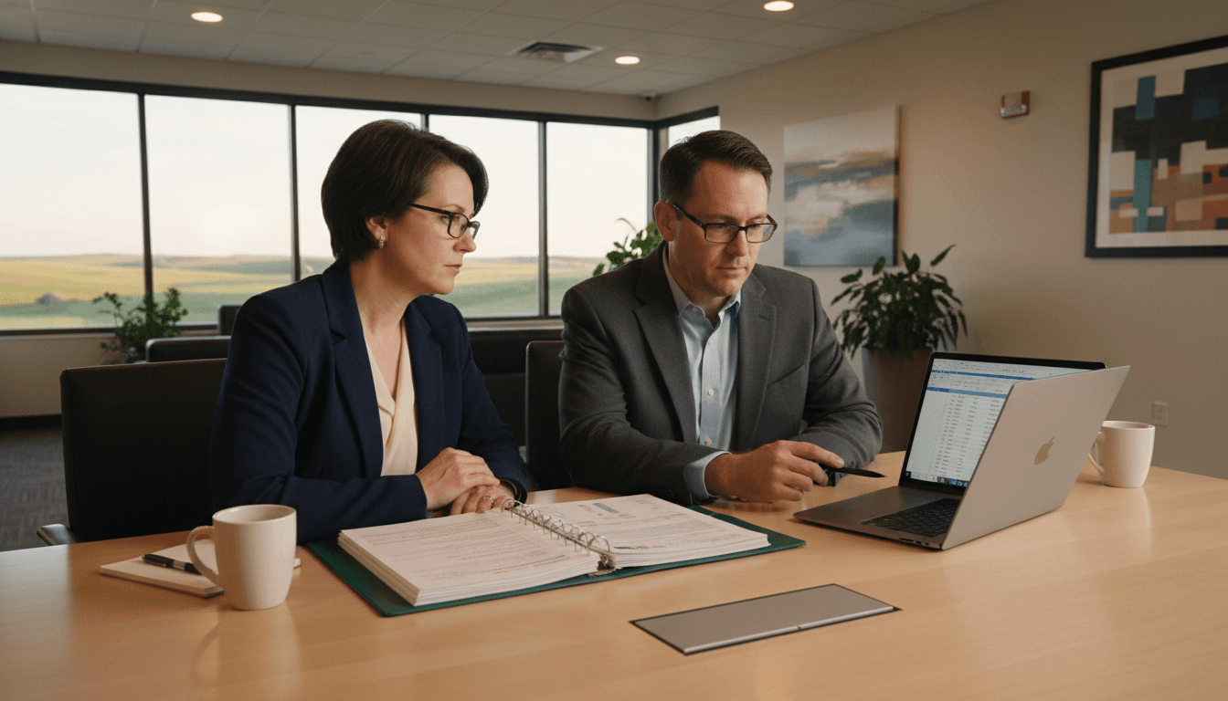 South Dakota district CFO and superintendent reviewing budget documents in a conference room