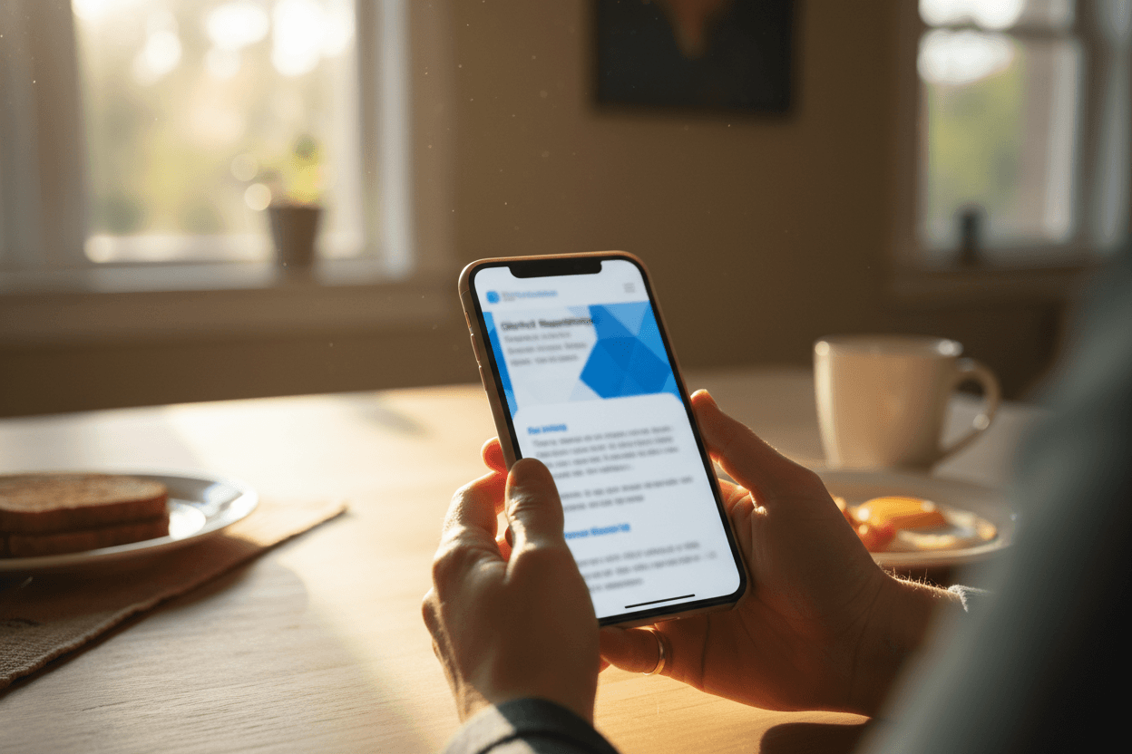 Parent reading a Tennessee school district report card newsletter on a smartphone at a kitchen table