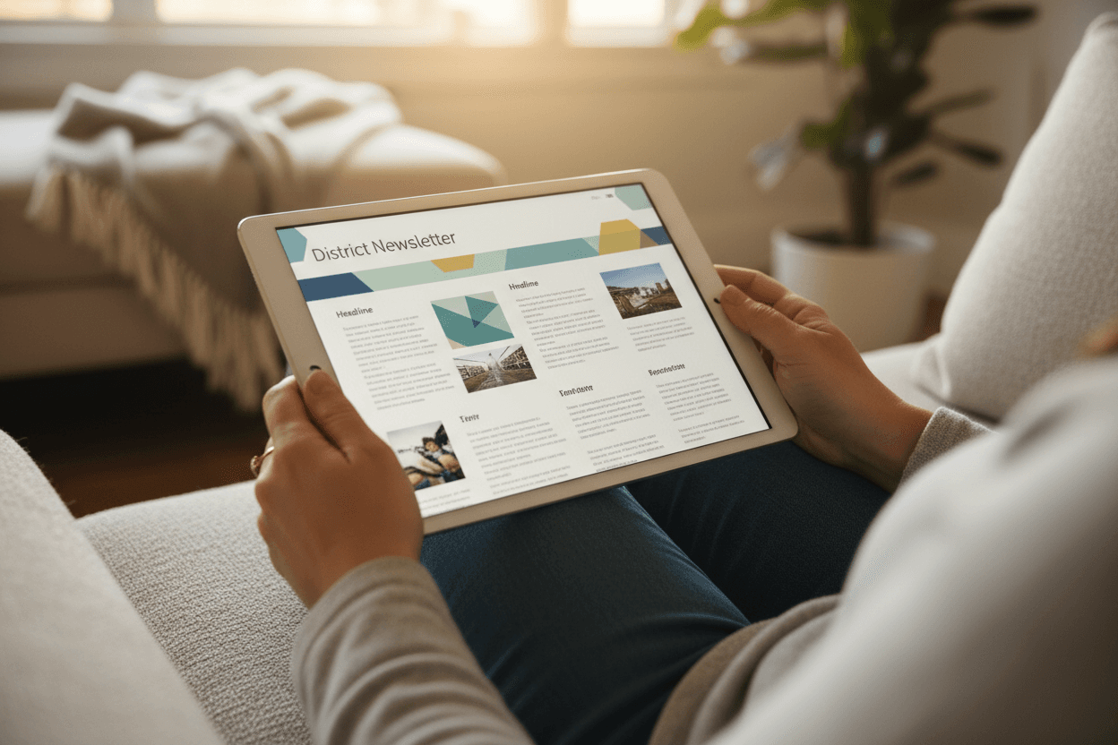 Parent reading Utah RISE results newsletter on a tablet at home