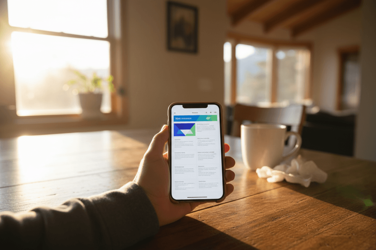 Parent reading a Utah school district report card newsletter on a smartphone at a kitchen table