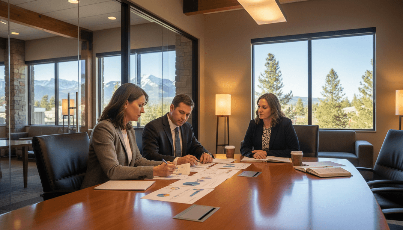 Utah district administrator at a conference table reviewing the Utah State Report Card on the USBE Data Gateway with school leaders in a modern office
