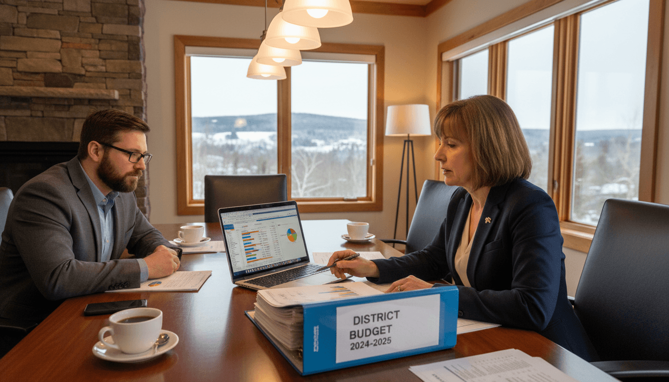 Vermont district CFO and superintendent reviewing budget documents in a conference room