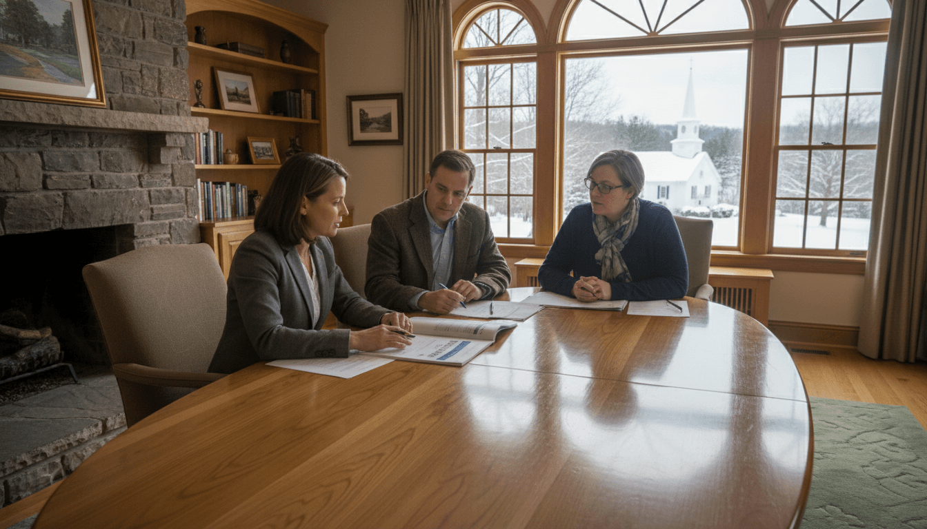 Vermont district administrator reviewing the Vermont Annual Snapshot with school leaders at a conference table in a modern office
