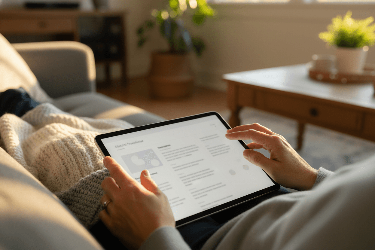 Parent reading a Virginia district assessment results newsletter on a smartphone in a kitchen