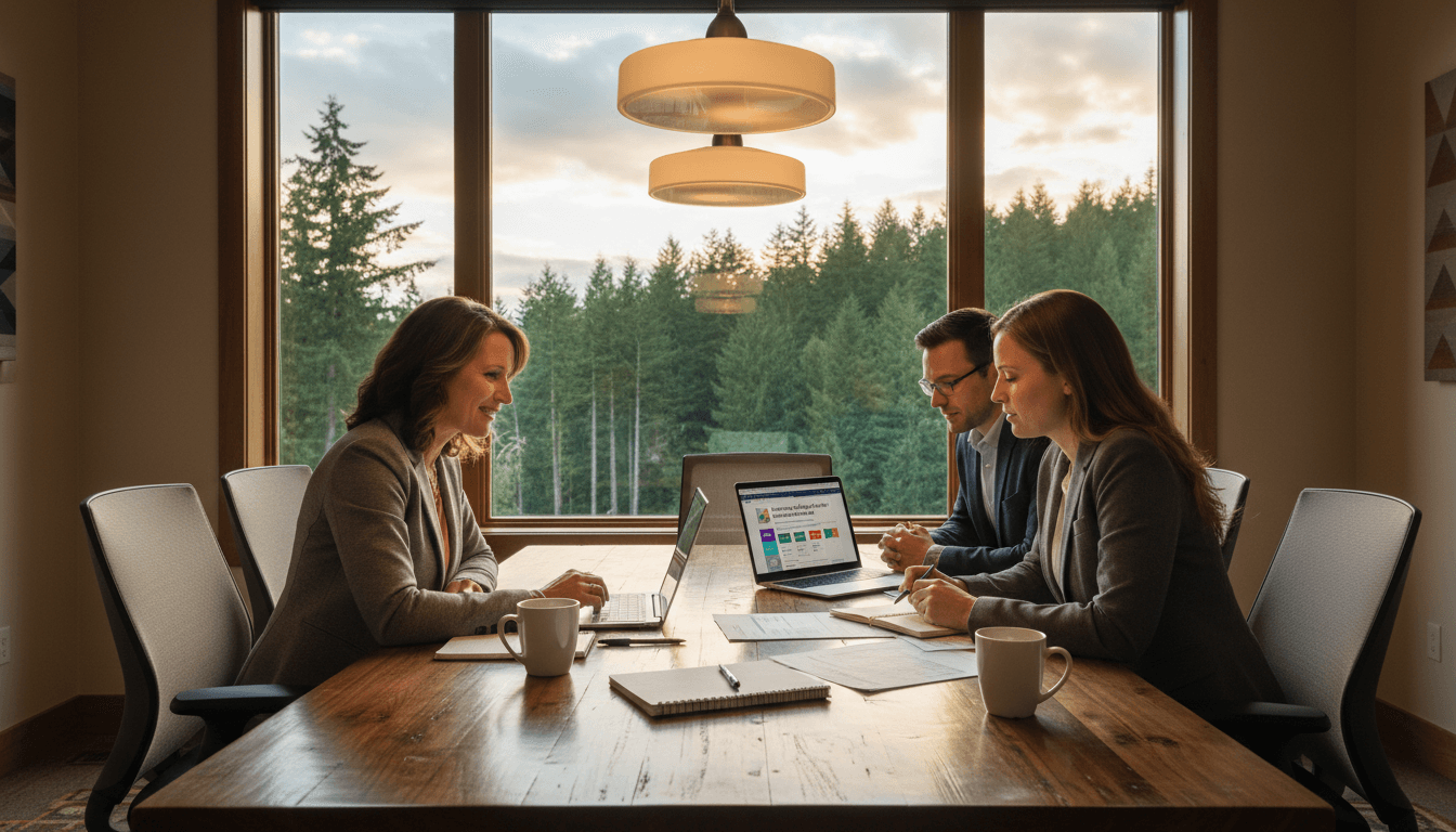 Washington district administrator at a conference table reviewing the Washington School Report Card with school leaders in a modern office