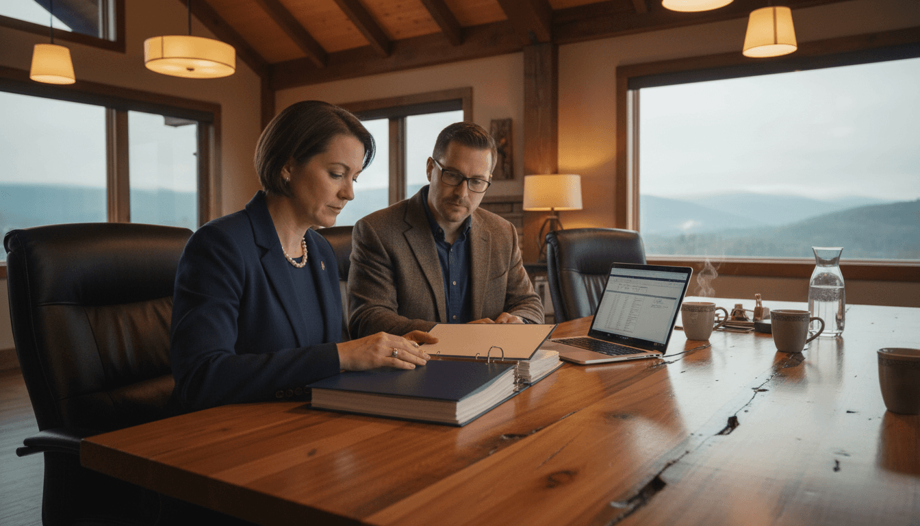 West Virginia district CFO and superintendent reviewing budget documents in a conference room
