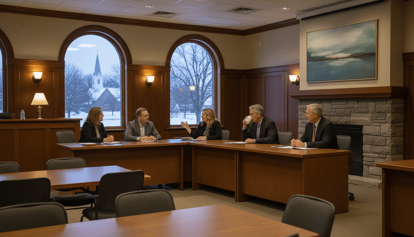 Wisconsin school board members at the dais during a public meeting, agenda visible on screen