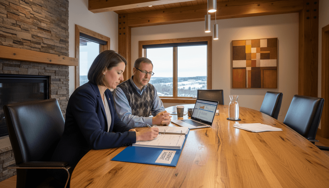 Wisconsin school district CFO at a conference table reviewing the annual budget with the leadership team