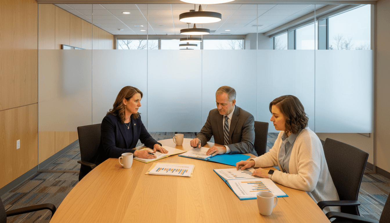 Wisconsin superintendent at a conference table reviewing the Wisconsin School Report Cards with school leaders in a modern office