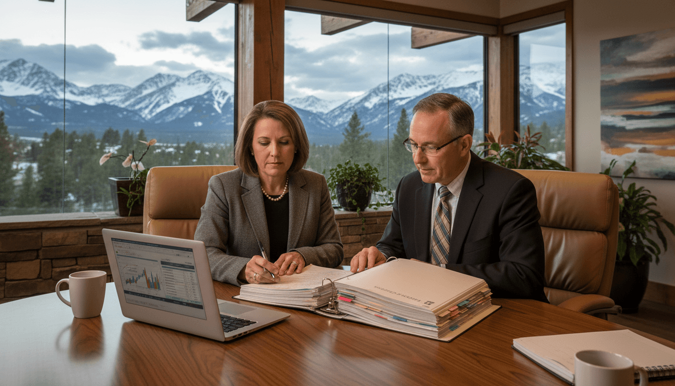 Wyoming district CFO and superintendent reviewing budget documents in a conference room