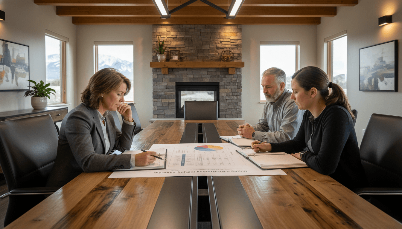 Wyoming district administrator reviewing the Wyoming School Performance Rating with school leaders at a conference table in a modern office