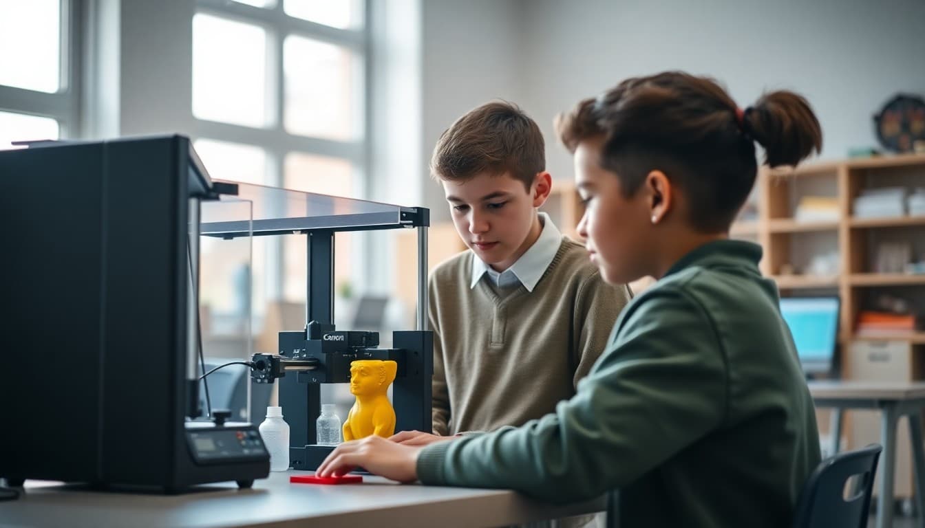 Students using 3D printer for school engineering design project in a STEM lab