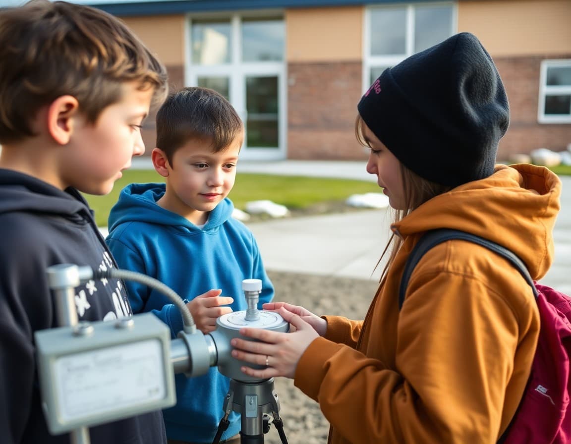 Alaska middle school students using weather monitoring equipment on school grounds
