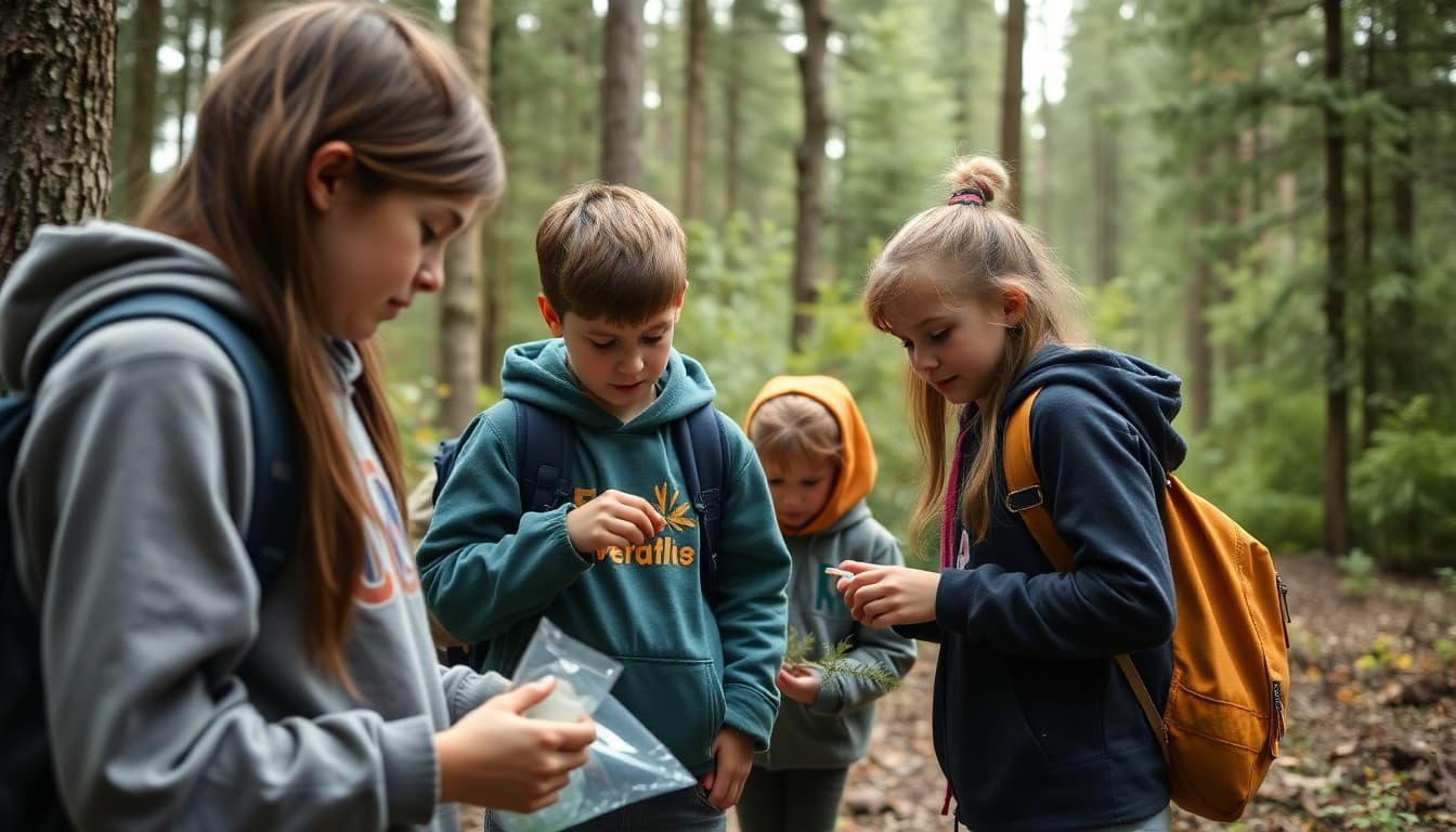 Alaska students conducting outdoor environmental science investigation in a forested area