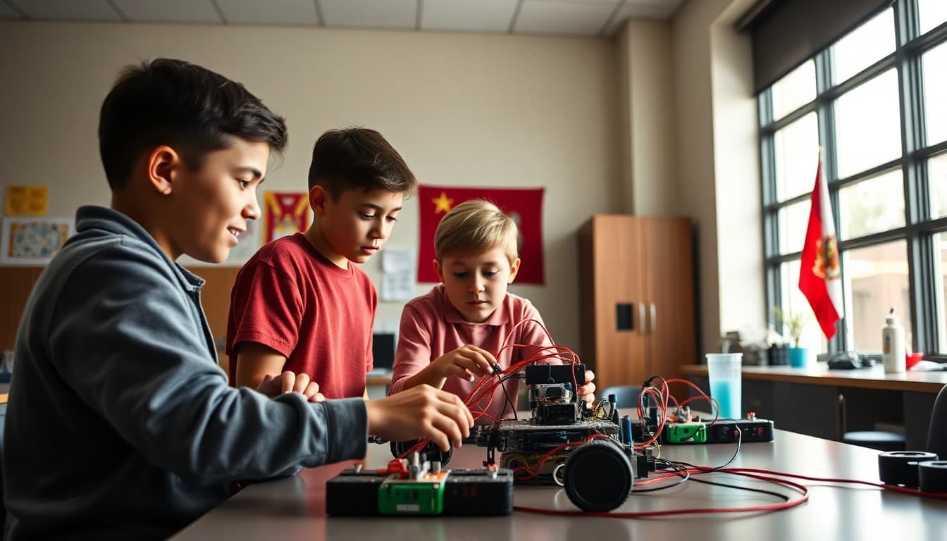 Alabama students working on a robotics project in a school STEM lab with state flag visible