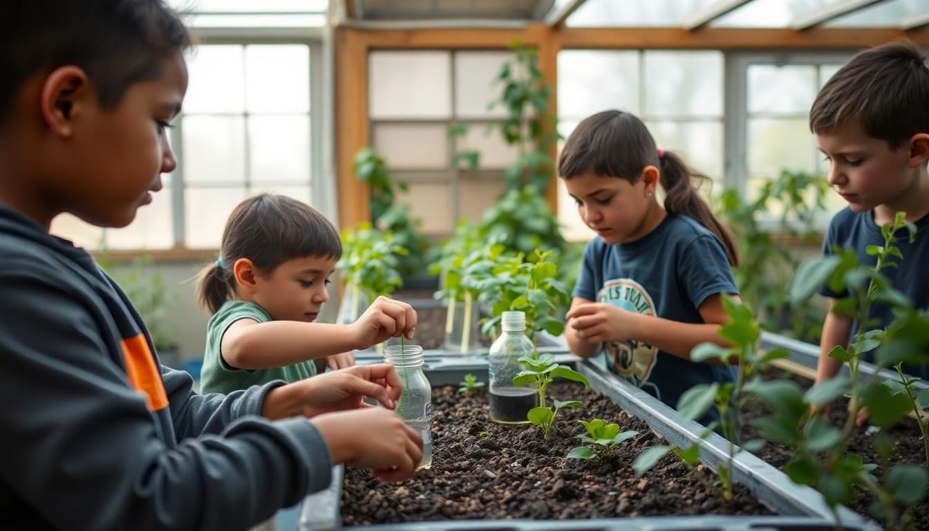 Arkansas students working on an agricultural science experiment in a school greenhouse
