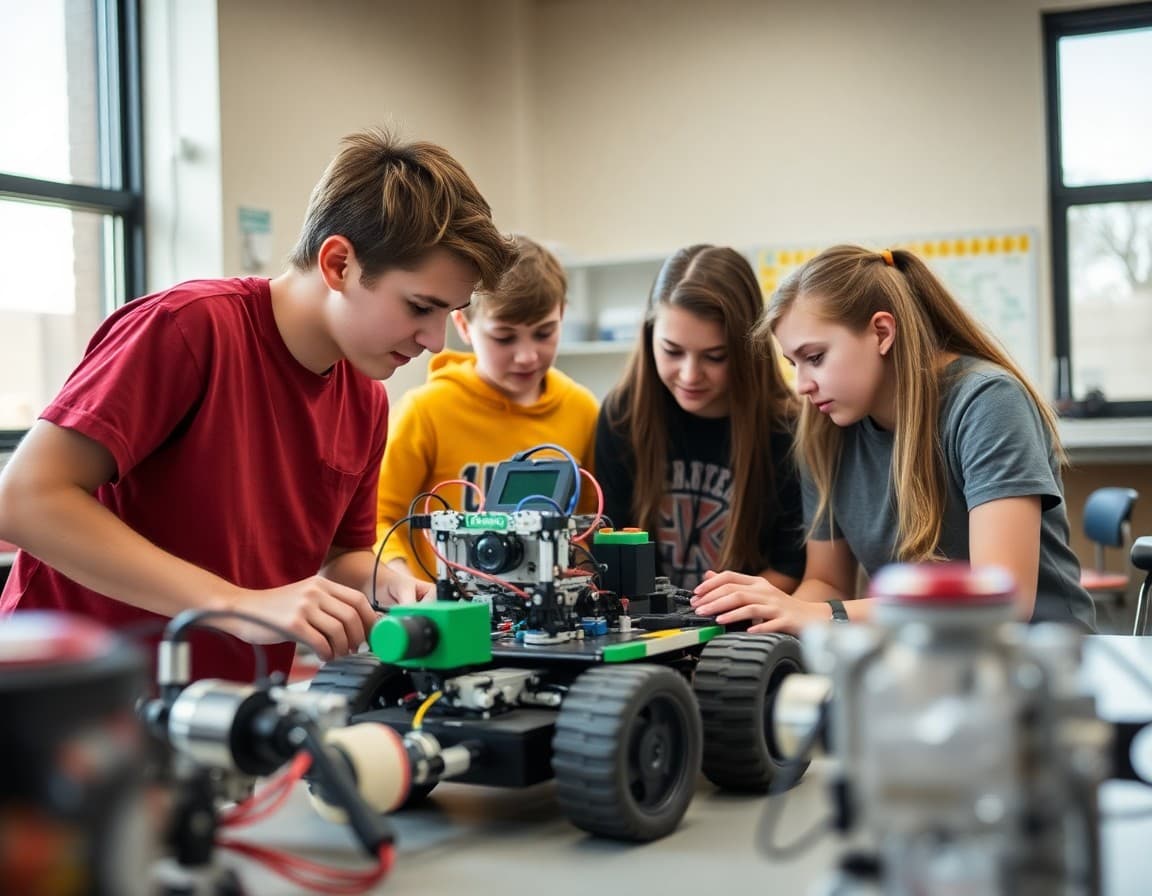 Arizona high school robotics team working on a competition bot in a school lab