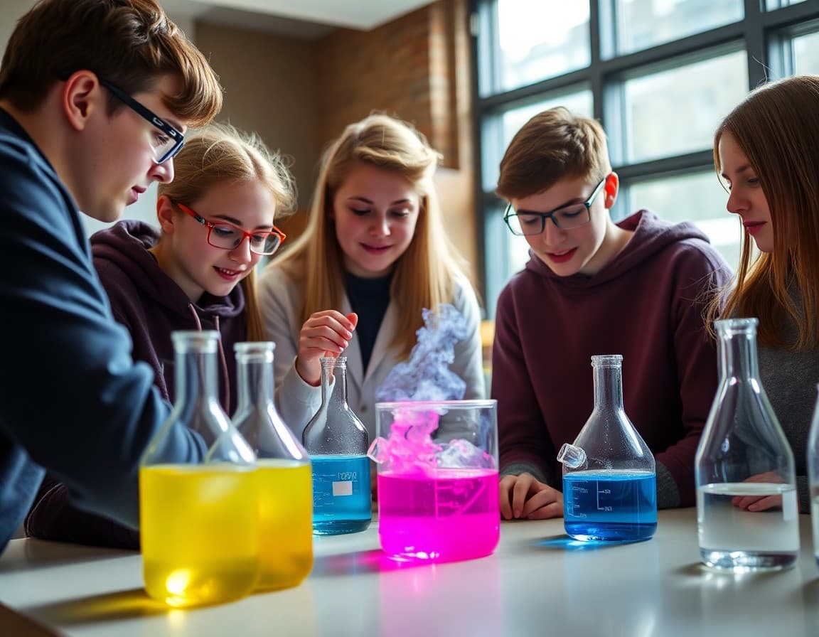 High school chemistry club students observing a colorful chemical reaction together