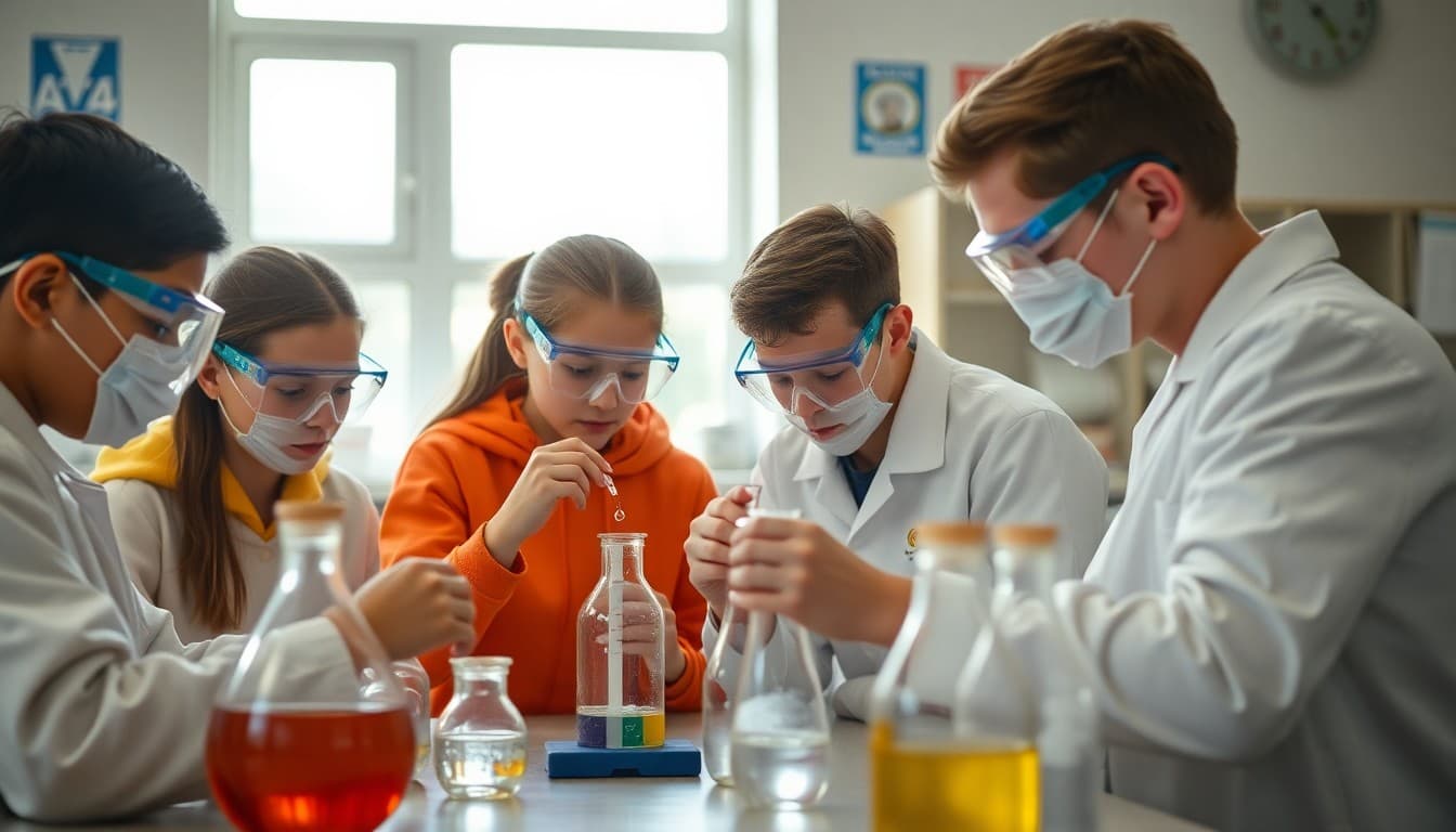 Chemistry club students running safe experiments in school lab with protective equipment