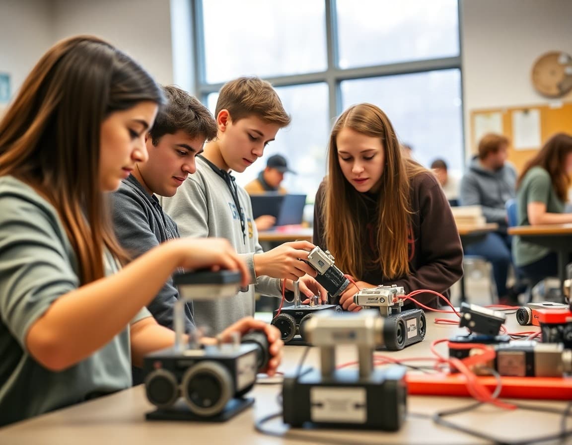 Colorado high school students working with robotics equipment in a STEM classroom