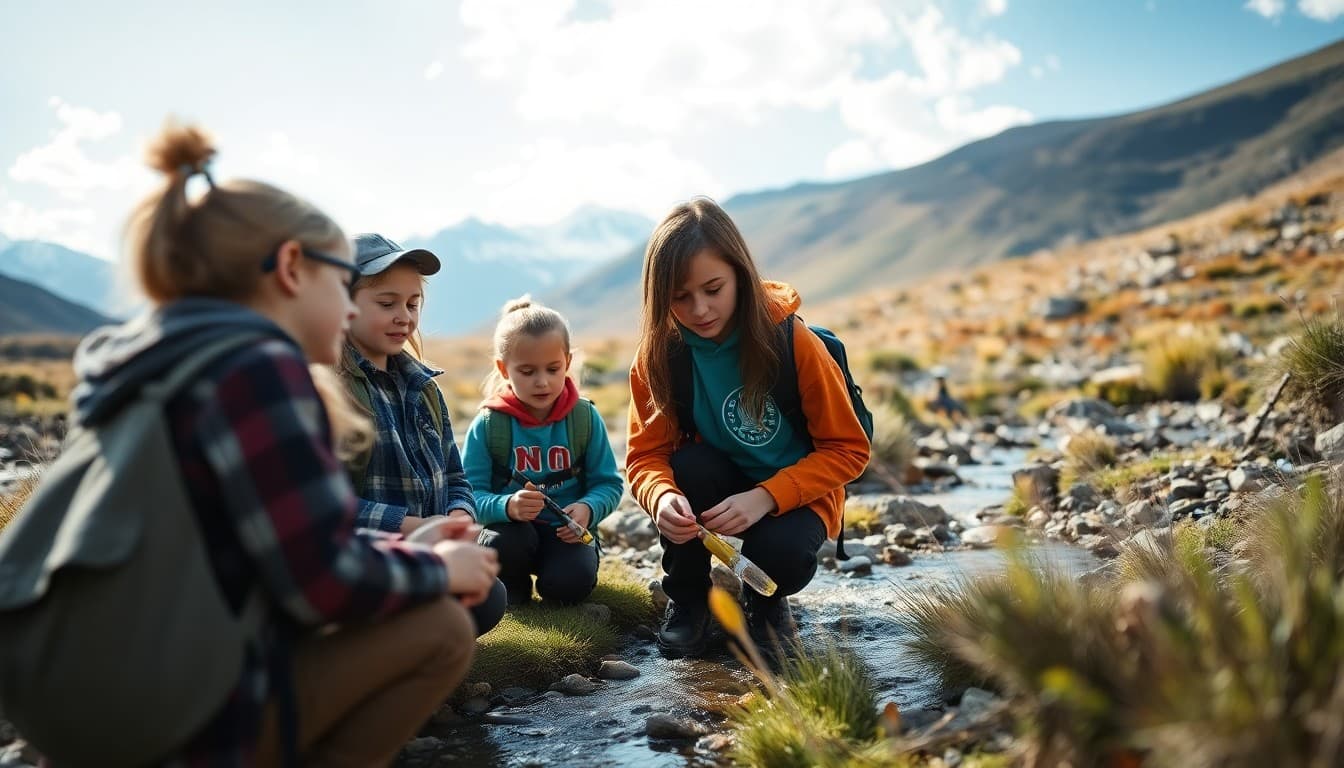 Colorado students conducting environmental science research near a mountain stream