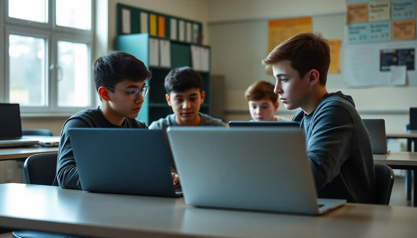 Coding club students working on app development project together at laptops in school computer lab
