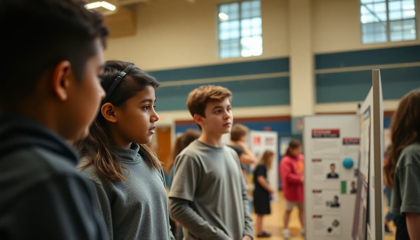Connecticut students presenting a STEM project at a school science fair in a gymnasium