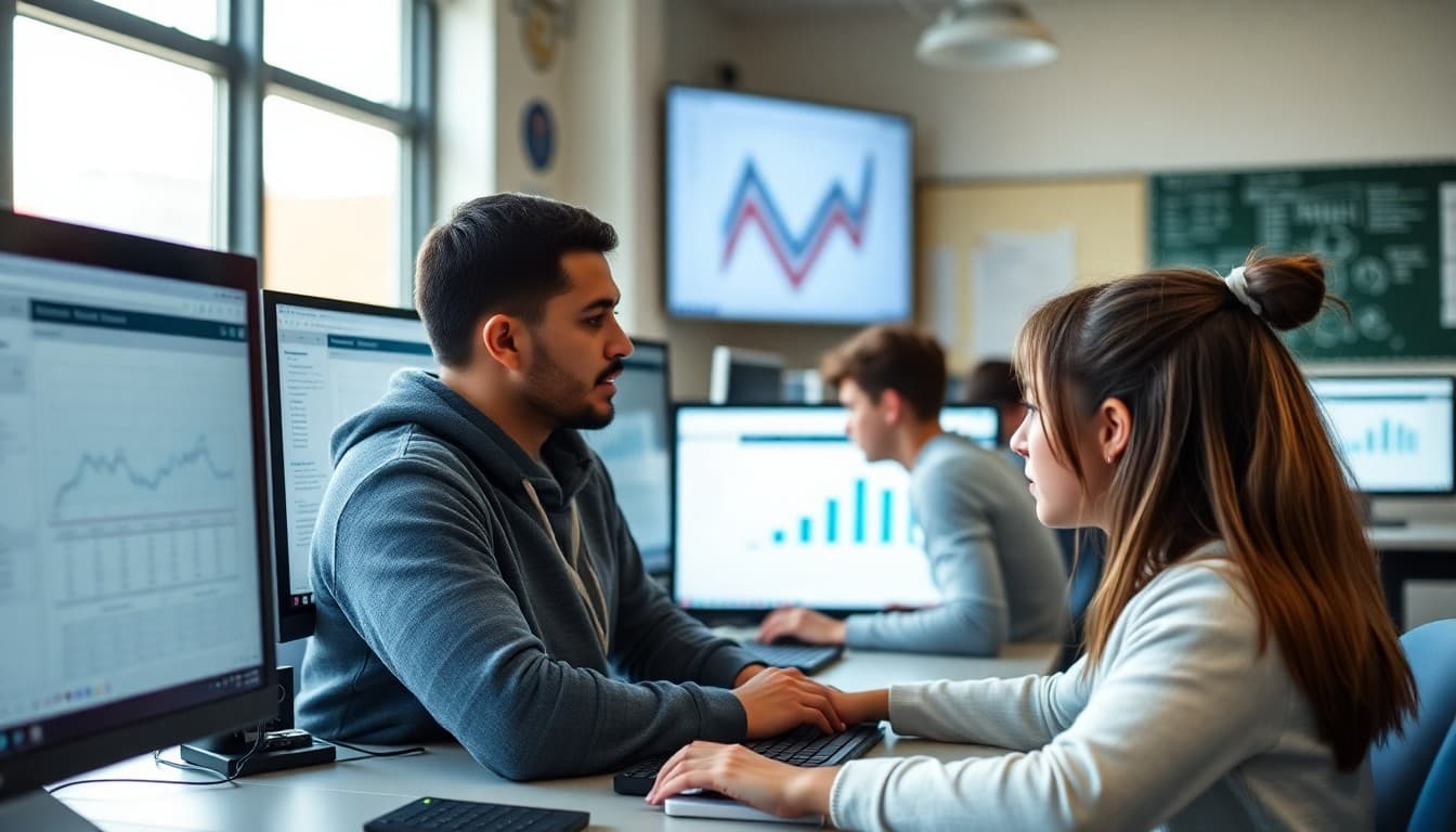 Students working on data visualizations on computers in a modern school computer lab